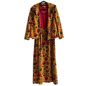 Vintage Les Wilk Jacket Dress Womens 12 Red Yellow Velour Floral Maxi 70s Boho